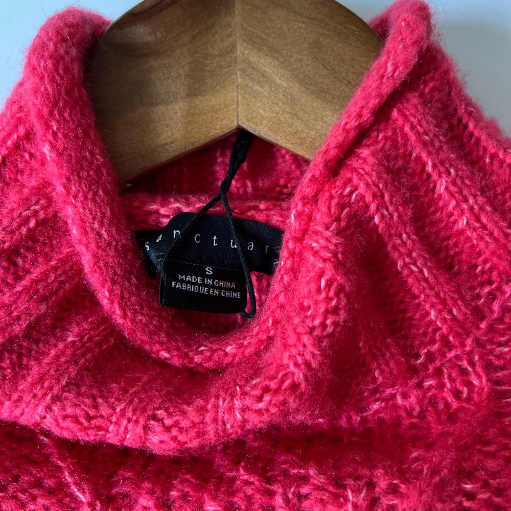 Sanctuary Cable Knit Cropped Sweater Sz S Neon Pink Mock Neck Stretch Sweater - Picture 8 of 13